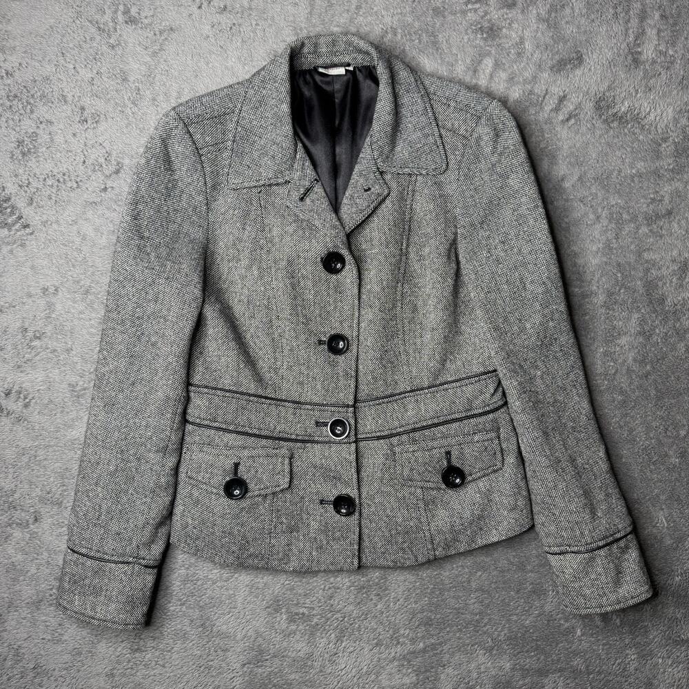 Vintage 90s Georgiou Studio Womens 8 Gray Tweed Button Front Blazer Wool Jacket